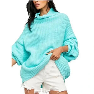 Free People In Too Deep Aqua Knit Turtleneck Sweater